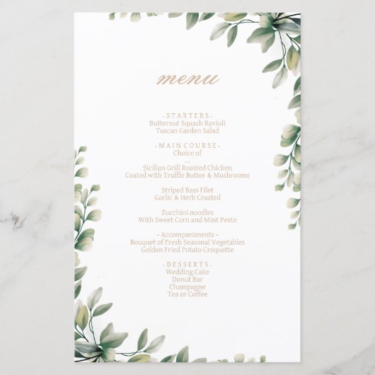 Moderne elegante eucalyptus laat huwelijksmenu ach (Voorkant)