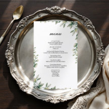 Moderne elegante eucalyptus laat huwelijksmenu ach