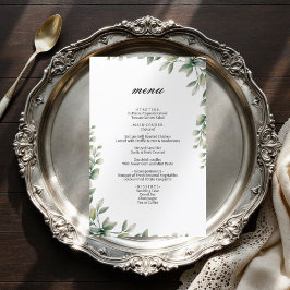 Moderne elegante eucalyptus laat huwelijksmenu ach