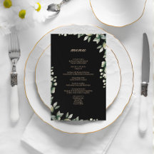 Moderne elegante eucalyptus laat huwelijksmenu ach