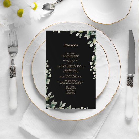 Moderne elegante eucalyptus laat huwelijksmenu ach