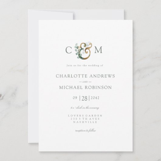 Moderne, elegante eucalyptusampersand bruiloft kaart (Voorkant)