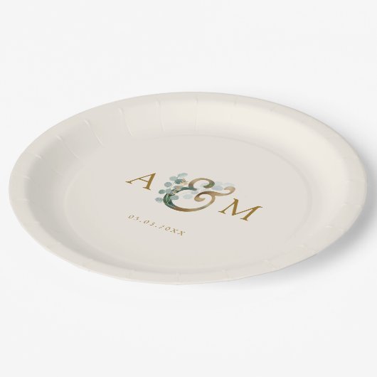 Moderne, elegante eucalyptusampersand bruiloft papieren bordje (Gekanteld)