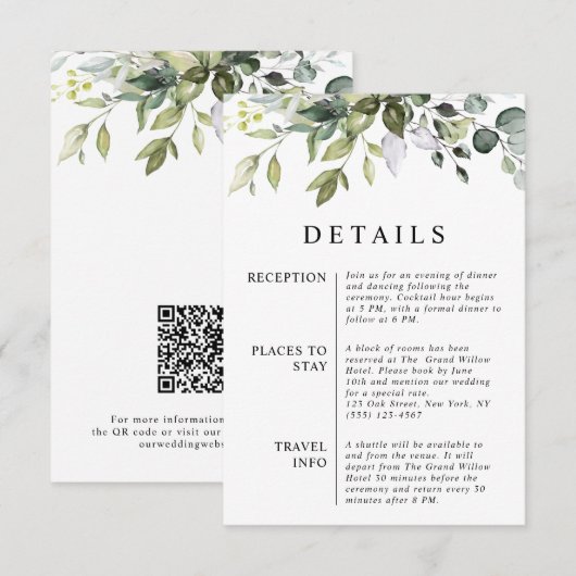 Moderne Elegante Eucalyptusbladeren QR Code Trouwe Informatiekaartje (Voorkant / Achterkant)