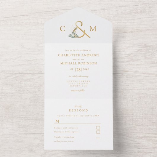 Moderne, elegante eucalyptusbruiloft all in one uitnodiging (Binnen)