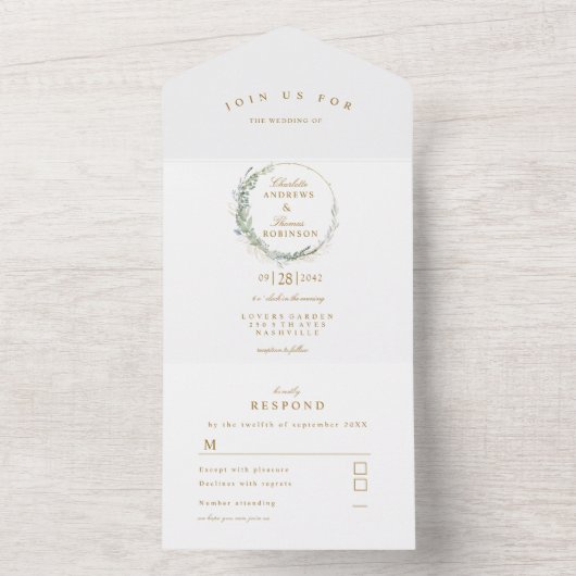 Moderne, elegante eucalyptusbruiloft all in one uitnodiging (Binnen)