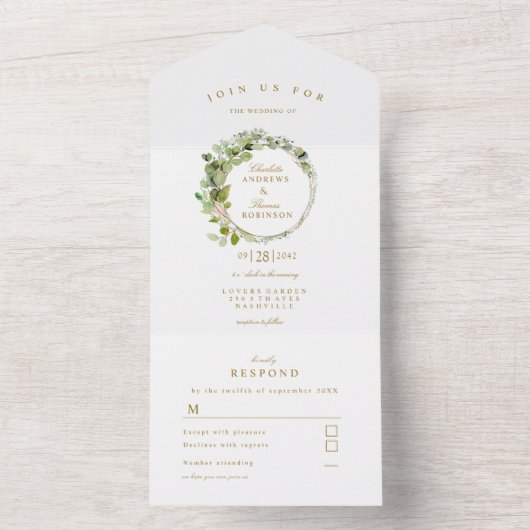 Moderne, elegante eucalyptusbruiloft all in one uitnodiging (Binnen)