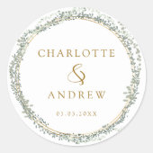 Moderne, elegante eucalyptusbruiloft ronde sticker (Voorkant)