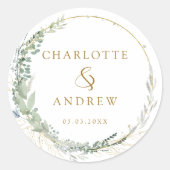 Moderne, elegante eucalyptusbruiloft ronde sticker (Voorkant)