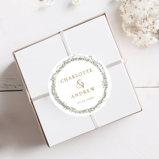 Moderne, elegante eucalyptusbruiloft ronde sticker