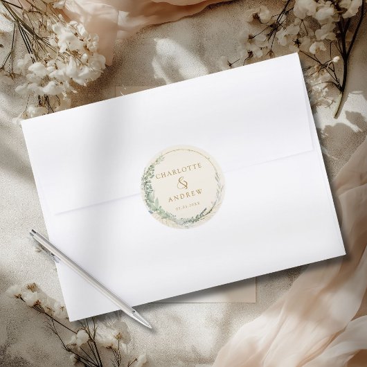 Moderne, elegante eucalyptusbruiloft ronde sticker