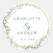 Moderne, elegante eucalyptusbruiloft ronde sticker (Voorkant)