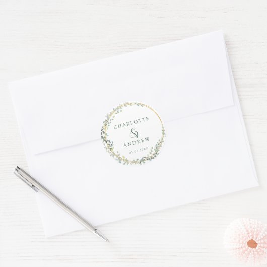 Moderne, elegante eucalyptusbruiloft ronde sticker (Envelop)