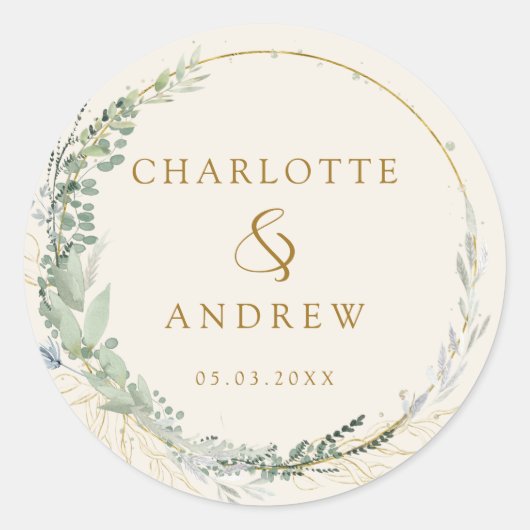 Moderne, elegante eucalyptusbruiloft ronde sticker (Voorkant)