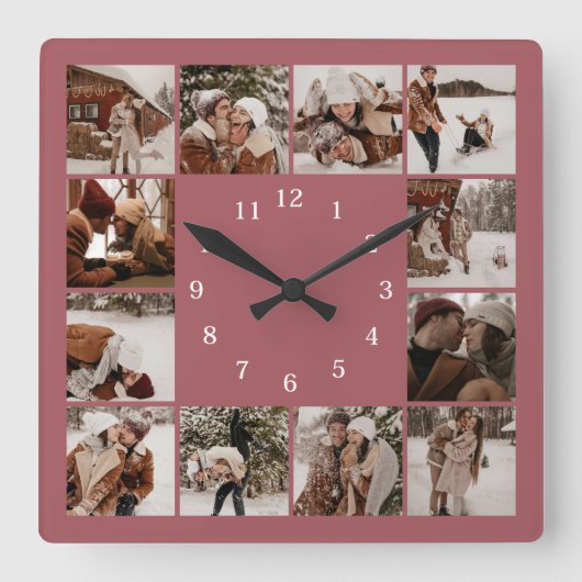 Moderne Elegante Familie 12 Fotocollage Keepsake Vierkante Klok (Voorkant)