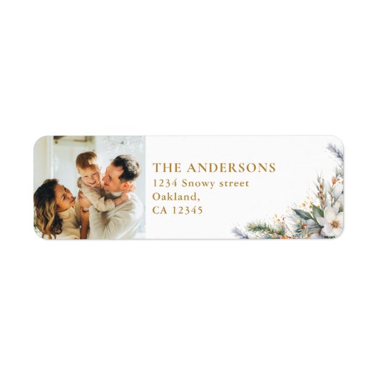 Moderne Elegante Familiefoto & Pine Tree Kerstmis Etiket (Voorkant)
