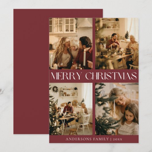 Moderne Elegante Familiefoto Rood Minimal Christma Feestdagenkaart (Voorkant / Achterkant)