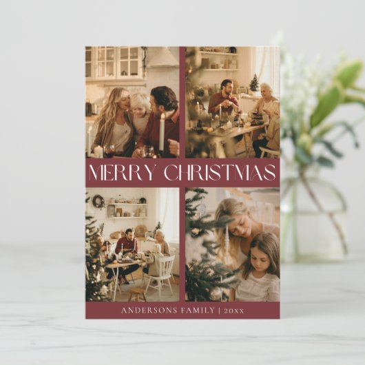 Moderne Elegante Familiefoto Rood Minimal Christma Feestdagenkaart (Staand voorkant)