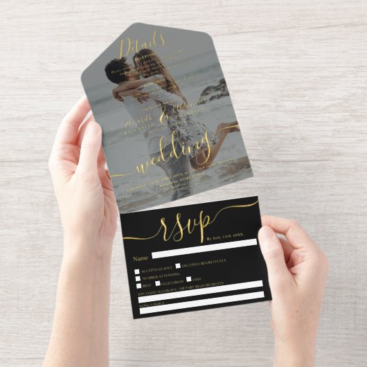 Moderne elegante folie foto overlay bruiloft all in one uitnodiging (Uittrekbaar)