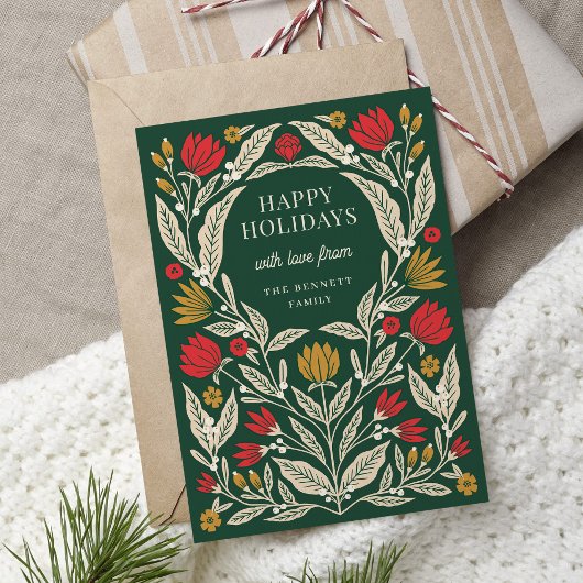 Moderne Elegante Folk Bloemen Kerst Gevouwen Feestdagen Kaart