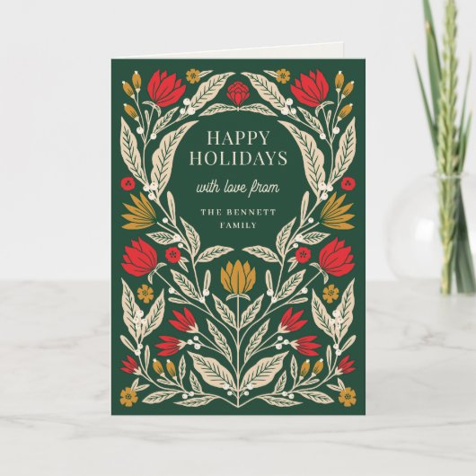 Moderne Elegante Folk Bloemen Kerst Gevouwen Feestdagen Kaart (Voorkant)