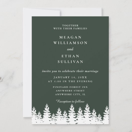 Moderne Elegante Forest Green White Winter Wedding Kaart (Voorkant)