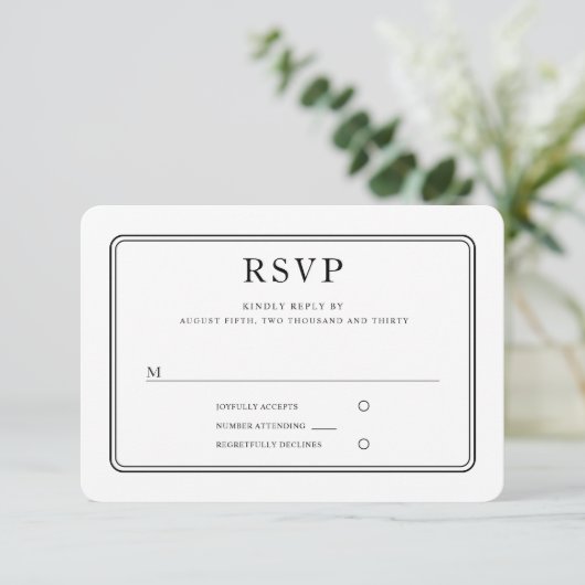 Moderne elegante formele zwart-wit bruiloft RSVP kaartje (Staand voorkant)