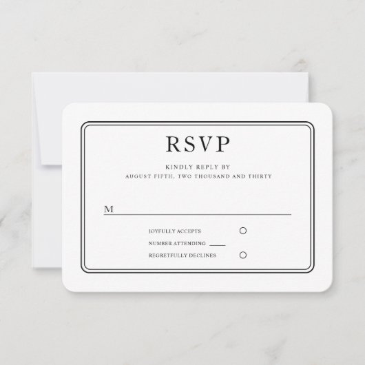 Moderne elegante formele zwart-wit bruiloft RSVP kaartje (Voorkant)