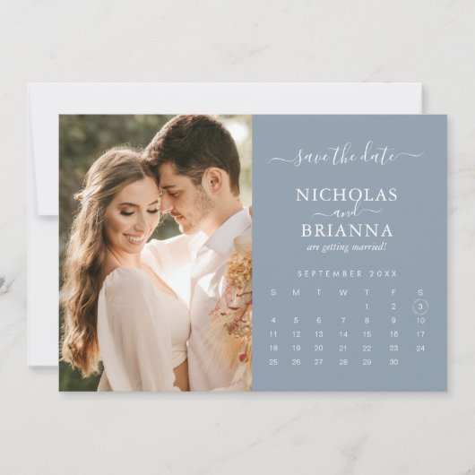 Moderne Elegante Foto Agenda Stofblauw Bruiloft Save The Date (Voorkant)