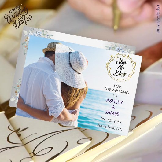 Moderne Elegante Foto Bewaar de Datum Gouden Bloem Kaart