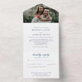 Moderne Elegante Foto Bruiloft Navy Blauwe Script All In One Uitnodiging (Binnen)