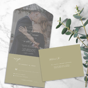 Moderne elegante foto groene bruiloft RSVP All In One Uitnodiging