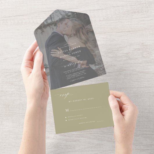 Moderne elegante foto groene bruiloft RSVP All In One Uitnodiging (Afscheurbaar)