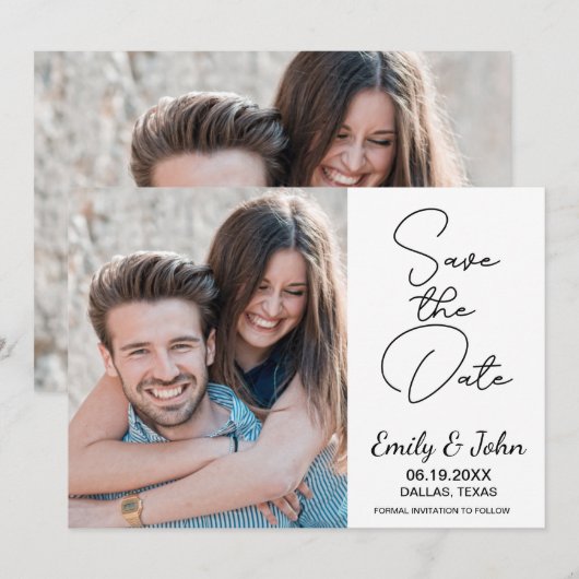 Moderne elegante foto handgeschreven bruiloft save the date (Voorkant / Achterkant)