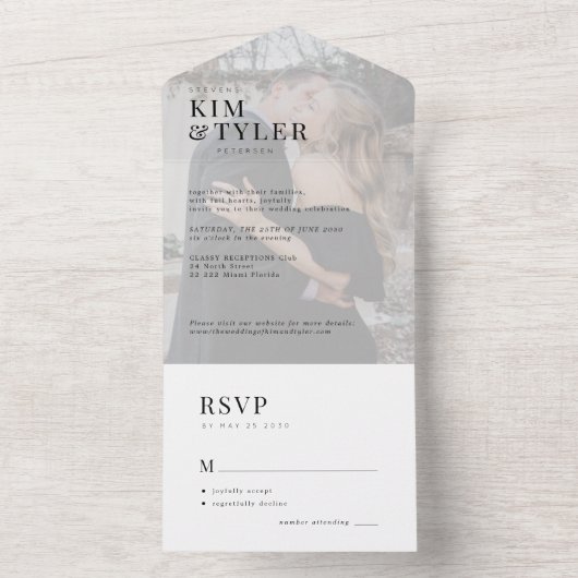 Moderne elegante foto overlay bruiloft RSVP All In One Uitnodiging (Binnen)