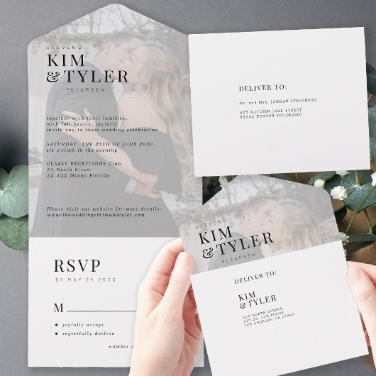 Moderne elegante foto overlay bruiloft RSVP All In One Uitnodiging