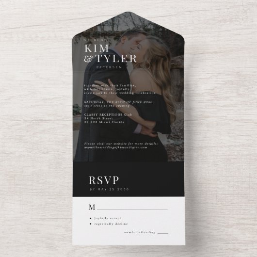 Moderne elegante foto overlay bruiloft RSVP All In One Uitnodiging (Binnen)