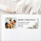 Moderne Elegante Foto & Pine Greenery Kerstmis Etiket (Insitu)