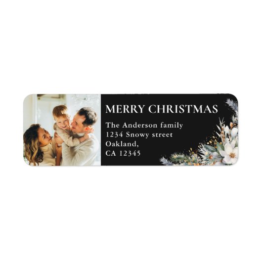 Moderne Elegante Foto & Pine Greenery Kerstmis Etiket (Voorkant)