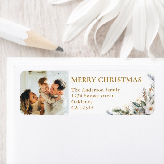 Moderne Elegante Foto & Pine Greenery Kerstmis Etiket (Insitu)