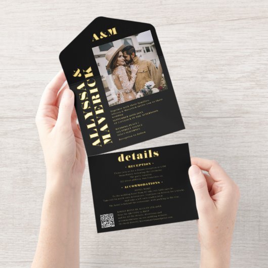 Moderne elegante foto qr code zwarte bruiloft all in one uitnodiging (Uittrekbaar)