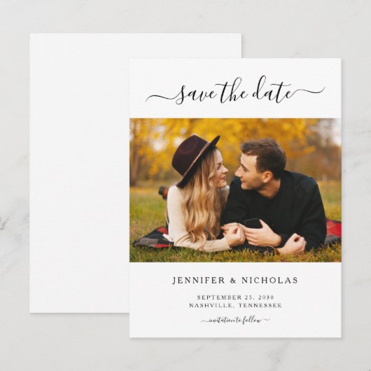 Moderne elegante foto slaat het Verloving Datum op Aankondigingskaart (Voorkant / Achterkant)