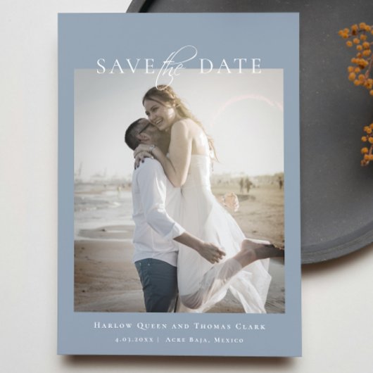 Moderne Elegante Foto Stoffig Blauw Save The Date