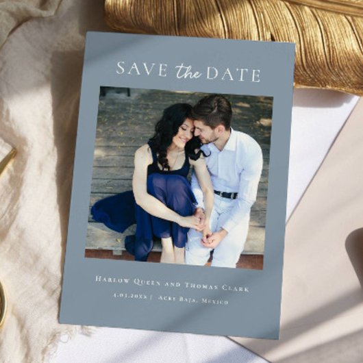 Moderne Elegante Foto Stoffig Blauw Save The Date