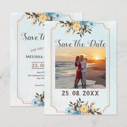 Moderne Elegante Foto Waterverf Bloemenbruiloft Save The Date (Voorkant / Achterkant)