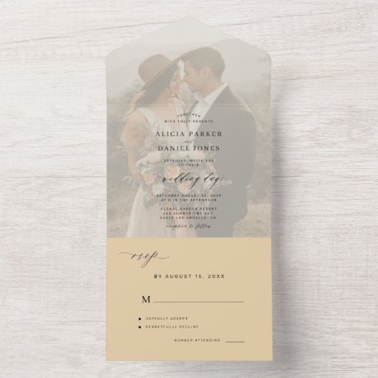 Moderne elegante fotoboter gele bruiloft RSVP All In One Uitnodiging (Binnen)