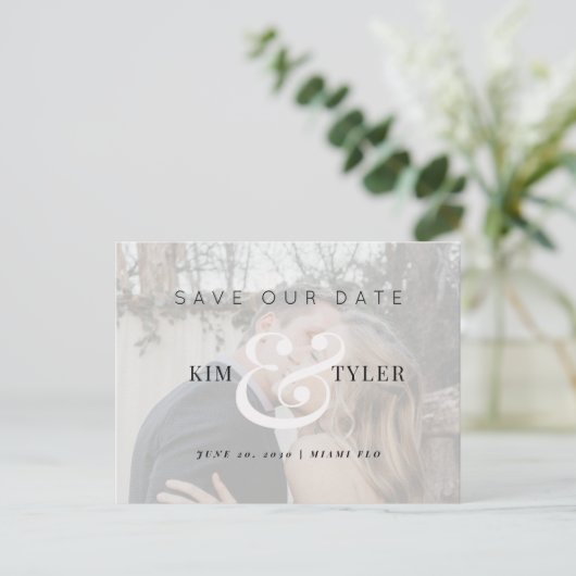 Moderne, elegante fotobruiloft bespaart de datum aankondigingskaart (Staand voorkant)