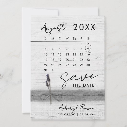 Moderne Elegante Fotokalender Rustiek Hout Lavende Save The Date (Voorkant)