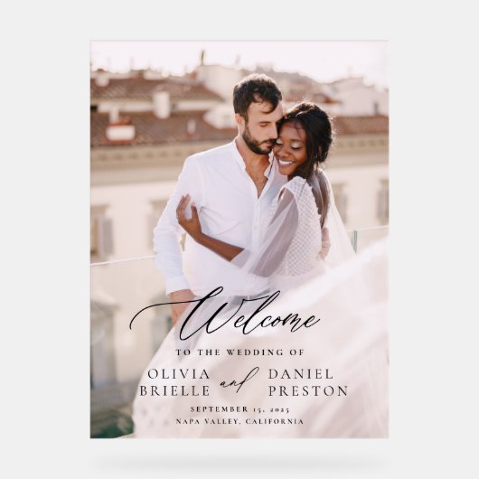 Moderne Elegante Fotokalligrafie Huwelijk Welkom Acryl Bord (Voorkant)