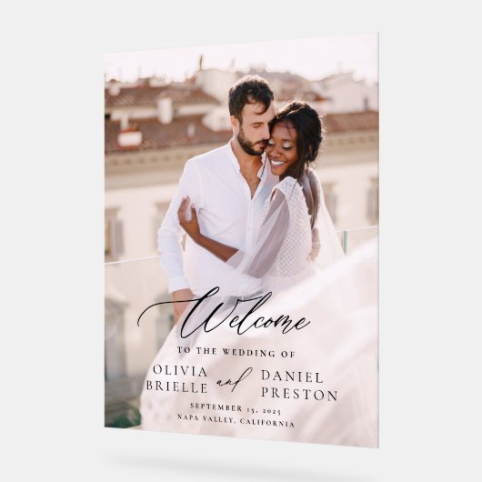 Moderne Elegante Fotokalligrafie Huwelijk Welkom Acryl Bord (Hoek)